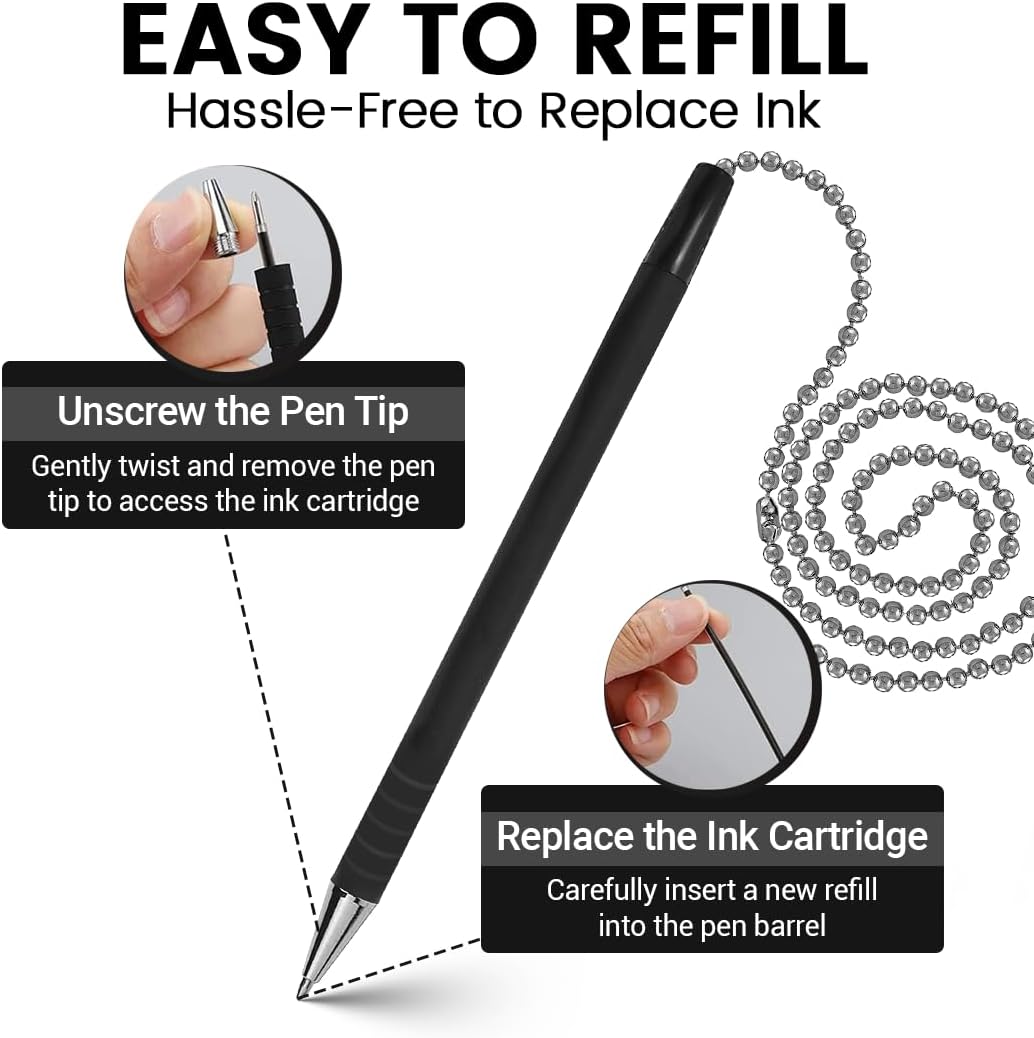Secure Pen with Adhesive Pen Chain Holder 23-Inch Chain | 7 Black Pens with 7 Black & 7 Blue Refills | Counter Pens with Chain & Base | Ideal for Office, Reception & Public Spaces