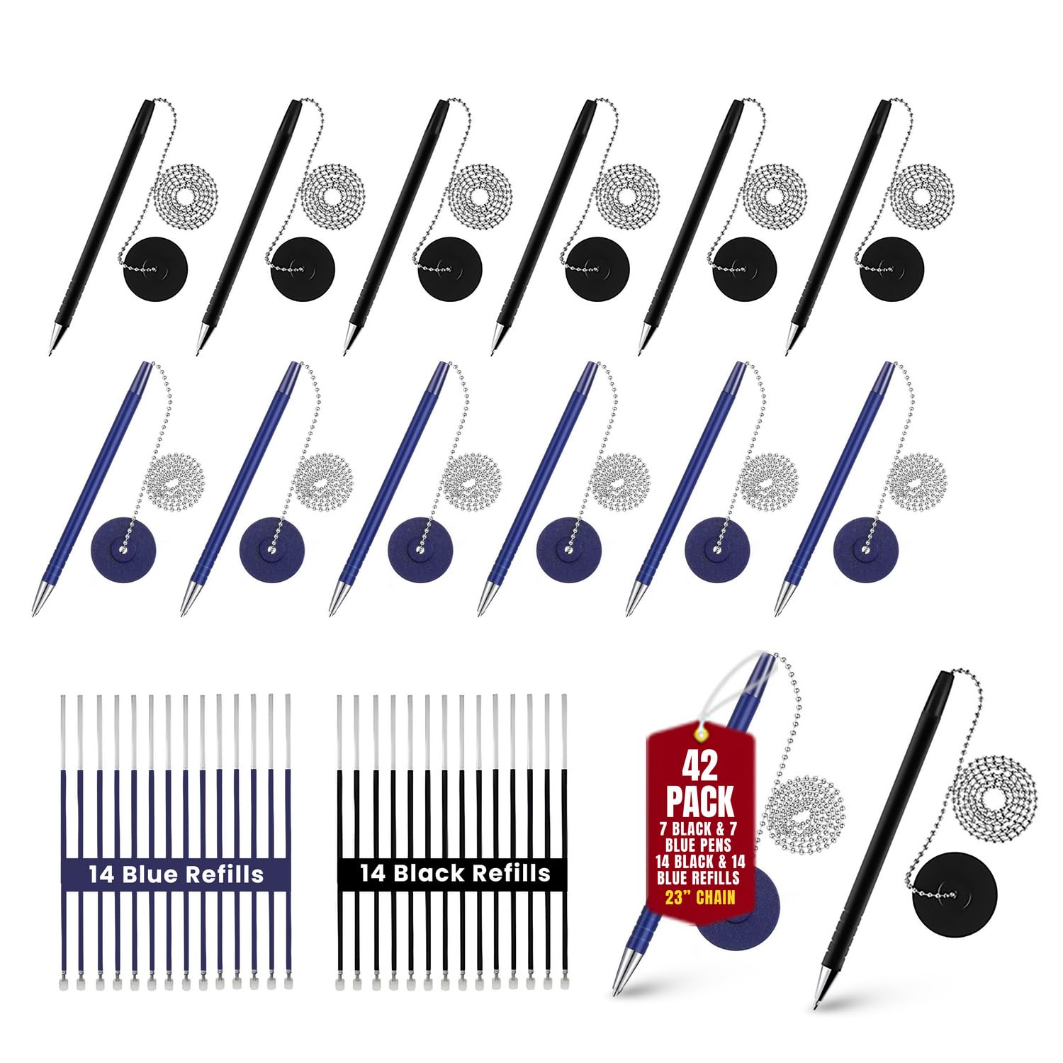 Pen with Chain Security Desk Pen on a Chain with Adhesive Base & 23" Chain Pen Holder Includes Refills for Office, Counter Pen, & Reception Use
