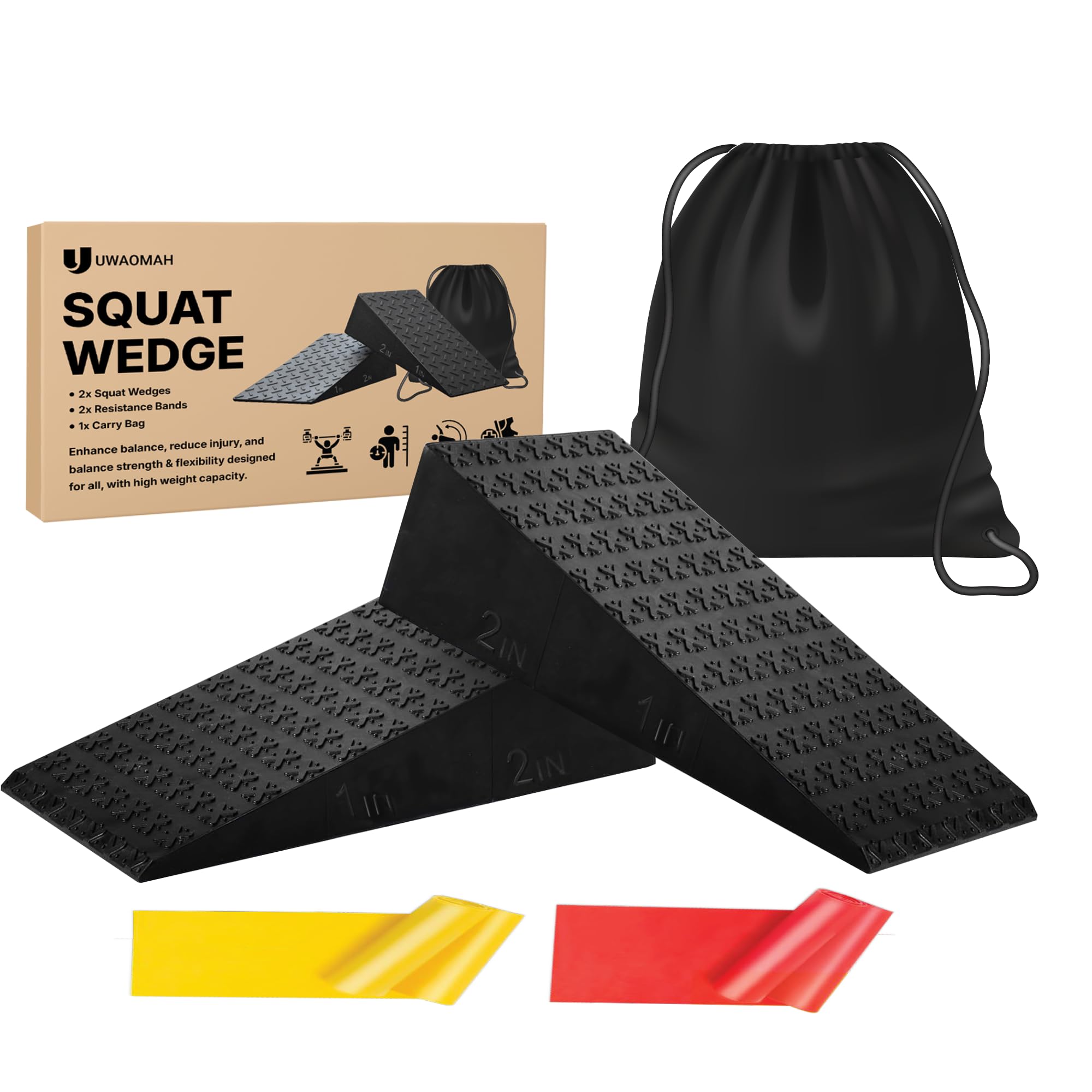 Squat Wedge 2 Pack - Non-Slip 2 Inch Heel Riser for Deeper Squats, Ankle Mobility & Calf Stretching, Portable Slant Board with Storage Bag, Heavy Duty Squat Blocks