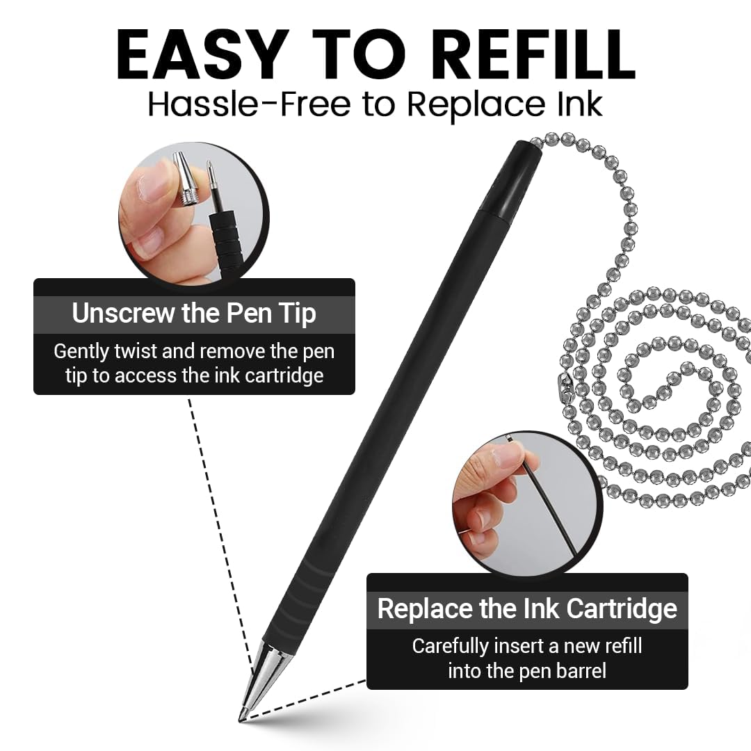 Pen with Chain Security Desk Pen on a Chain with Adhesive Base & 23" Chain Pen Holder Includes Refills for Office, Counter Pen, & Reception Use