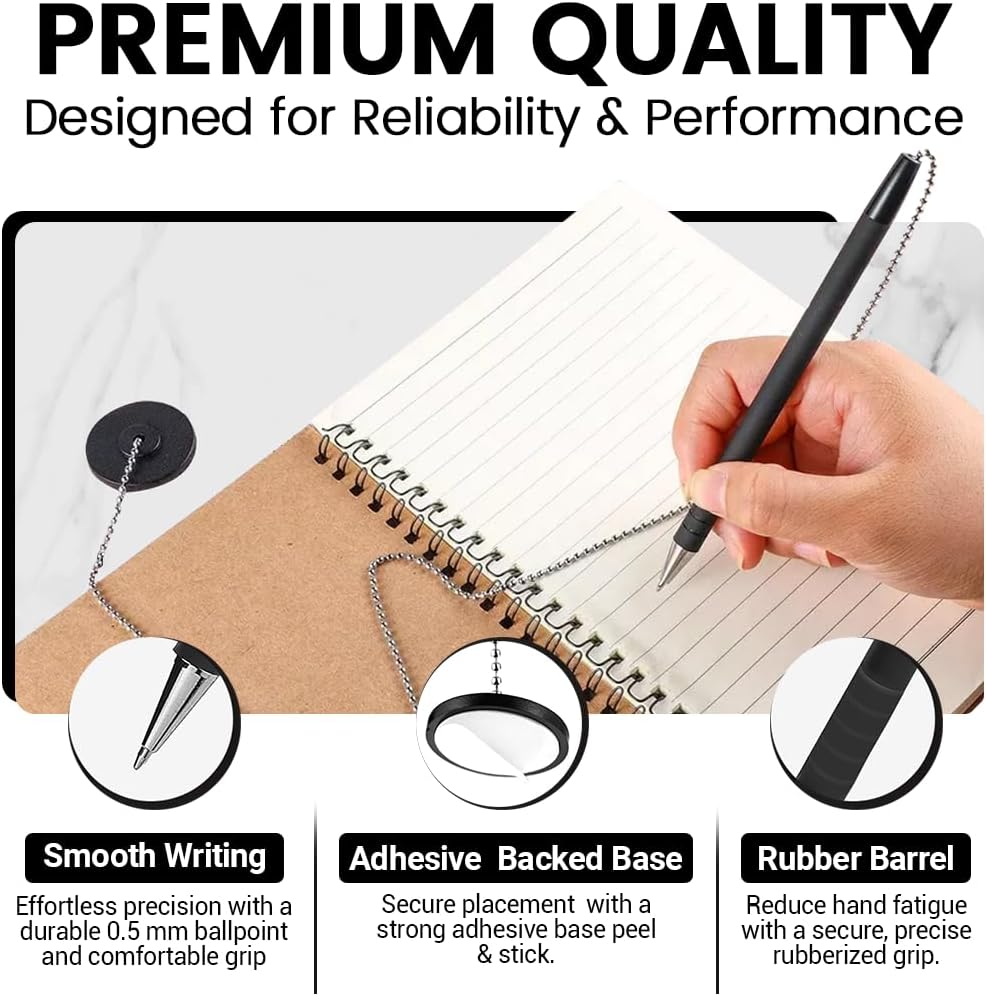 Secure Pen with Adhesive Pen Chain Holder 23-Inch Chain | 7 Black Pens with 7 Black & 7 Blue Refills | Counter Pens with Chain & Base | Ideal for Office, Reception & Public Spaces