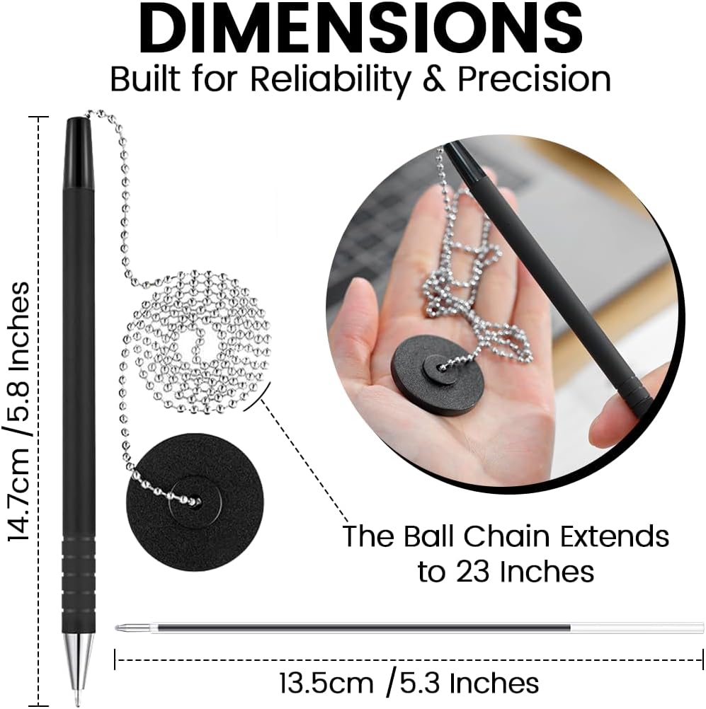 Secure Pen with Adhesive Pen Chain Holder 23-Inch Chain | 7 Black Pens with 7 Black & 7 Blue Refills | Counter Pens with Chain & Base | Ideal for Office, Reception & Public Spaces
