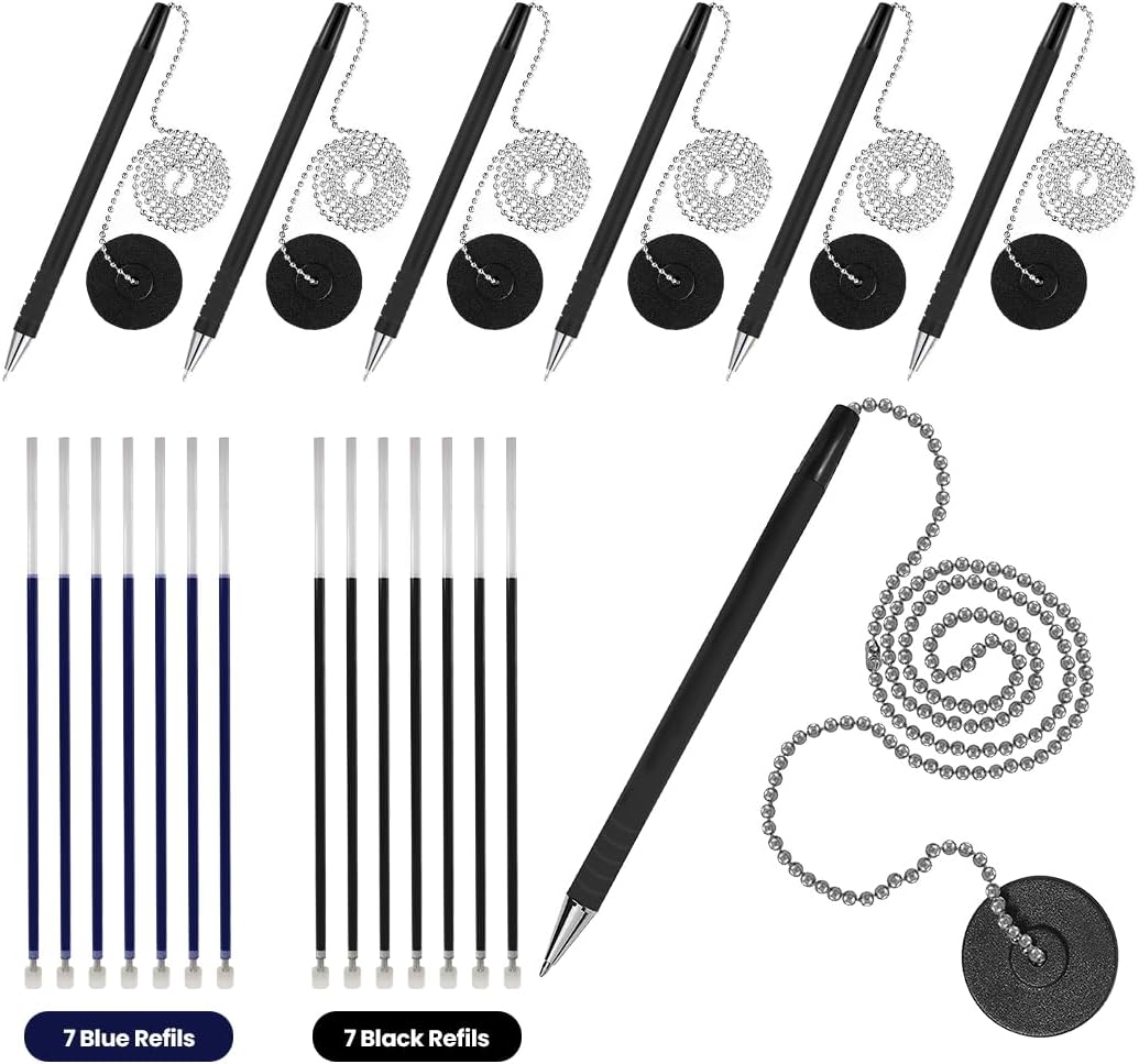 Secure Pen with Adhesive Pen Chain Holder 23-Inch Chain | 7 Black Pens with 7 Black & 7 Blue Refills | Counter Pens with Chain & Base | Ideal for Office, Reception & Public Spaces