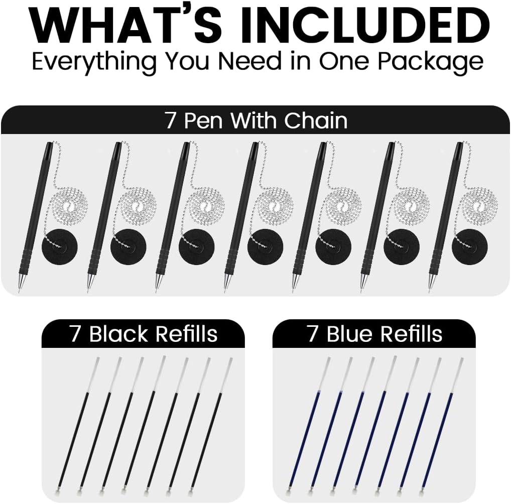 Secure Pen with Adhesive Pen Chain Holder 23-Inch Chain | 7 Black Pens with 7 Black & 7 Blue Refills | Counter Pens with Chain & Base | Ideal for Office, Reception & Public Spaces
