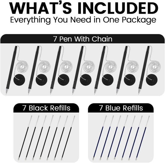 Secure Pen with Adhesive Pen Chain Holder 23-Inch Chain | 7 Black Pens with 7 Black & 7 Blue Refills | Counter Pens with Chain & Base | Ideal for Office, Reception & Public Spaces