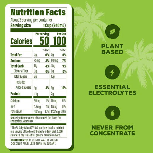 C2O Coconut Water with Pulp – 17.5 fl oz (520ml) Can (12-Pack)