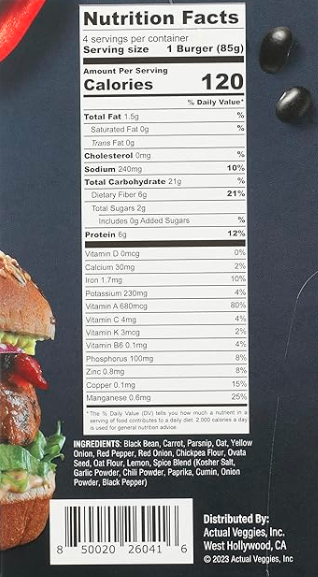 Actual Veggies Black Bean Veggie Burger – Case of 4 Packs