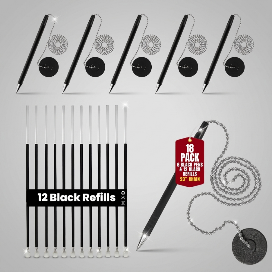 Pen with Chain Security Desk Pen on a Chain with Adhesive Base & 23" Chain Pen Holder Includes Refills for Office, Counter Pen, & Reception Use