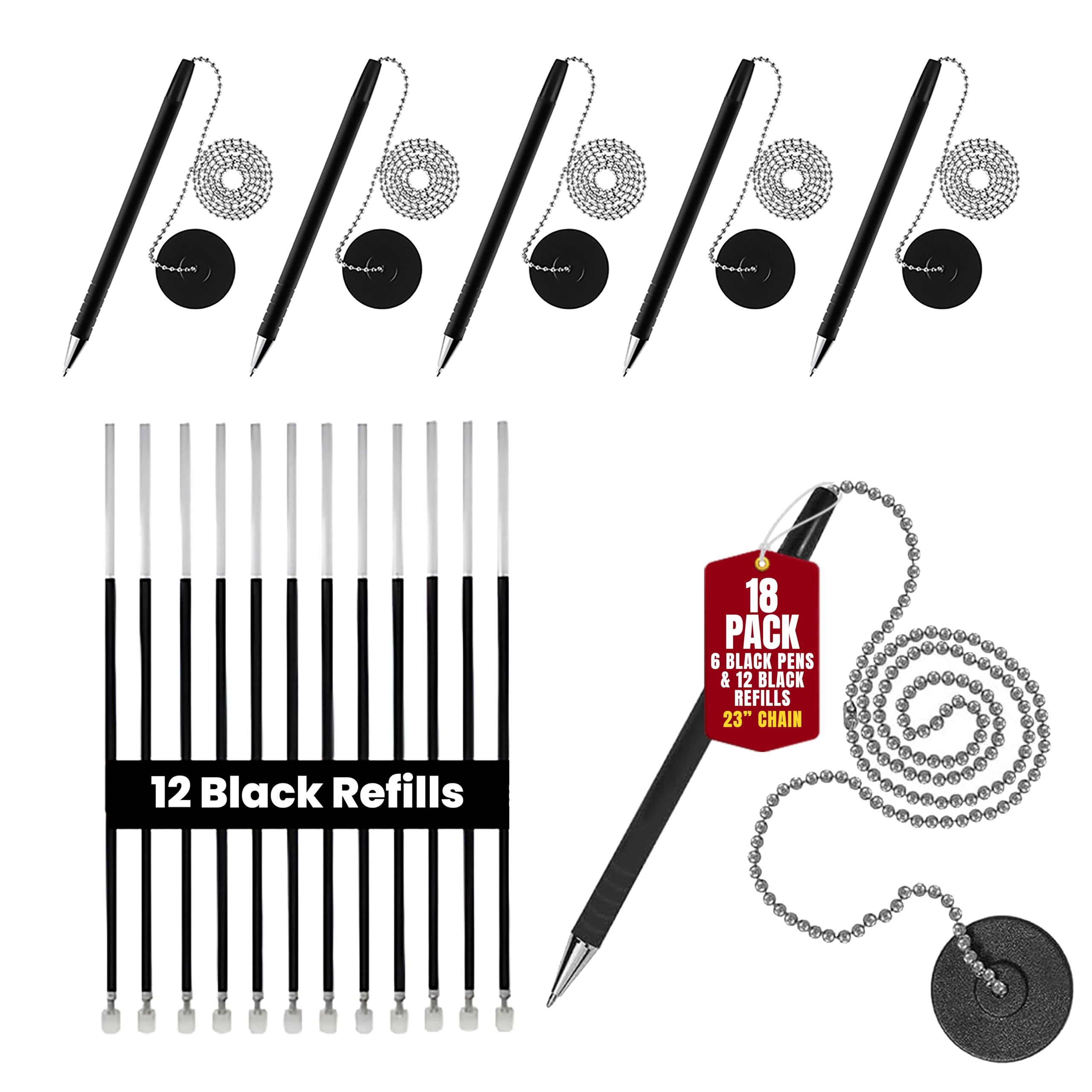 Pen with Chain Security Desk Pen on a Chain with Adhesive Base & 23" Chain Pen Holder Includes Refills for Office, Counter Pen, & Reception Use