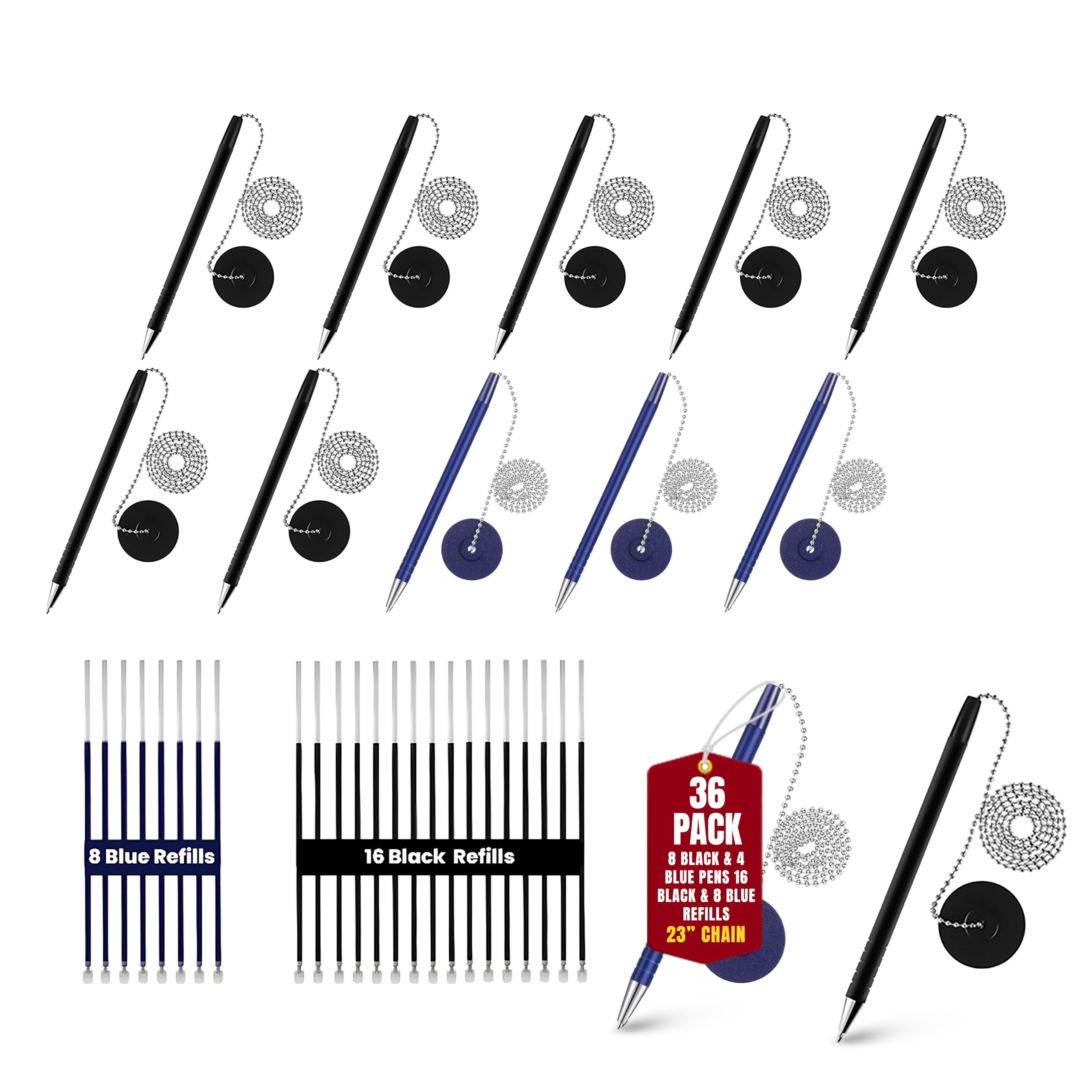 Pen with Chain Security Desk Pen on a Chain with Adhesive Base & 23" Chain Pen Holder Includes Refills for Office, Counter Pen, & Reception Use