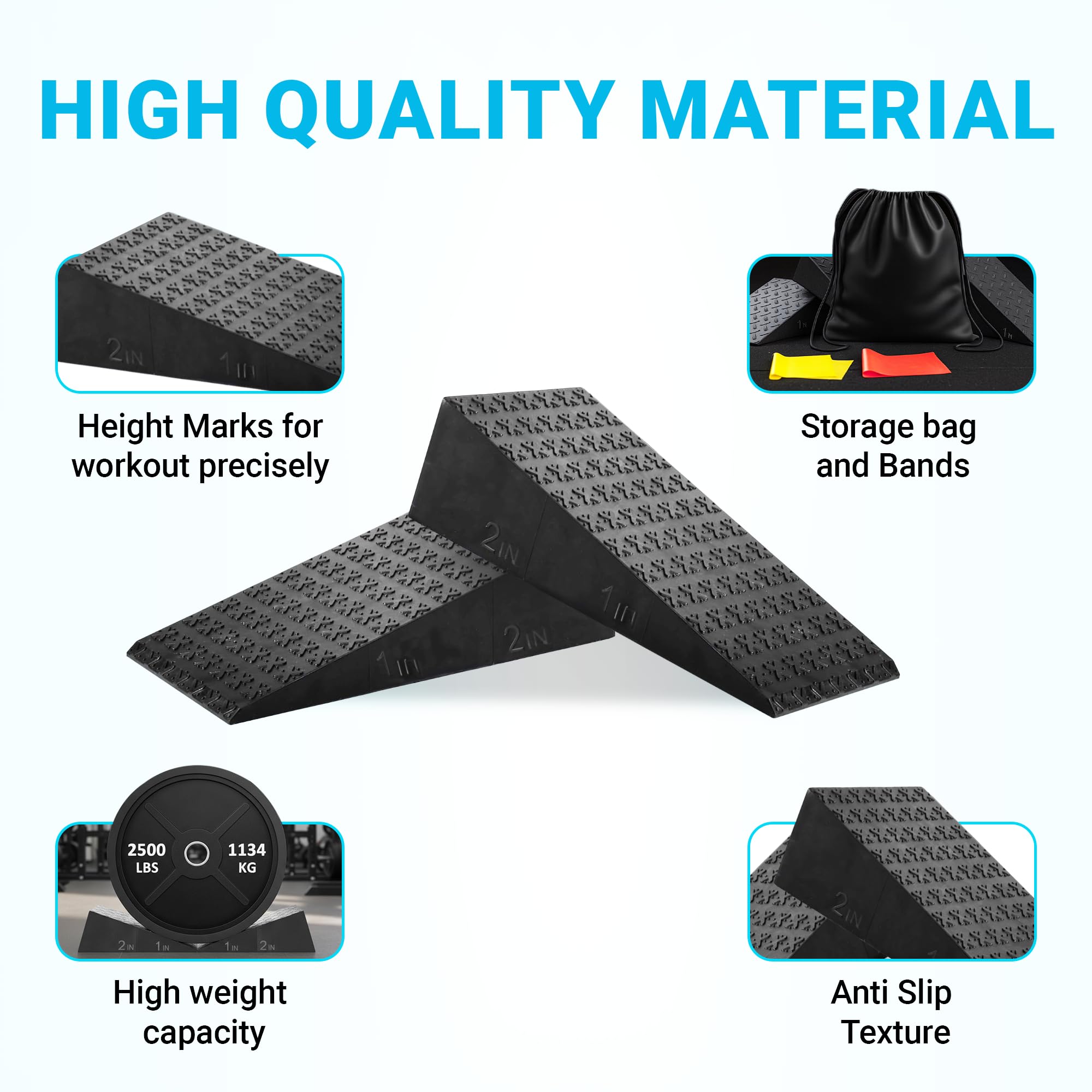 Squat Wedge 2 Pack - Non-Slip 2 Inch Heel Riser for Deeper Squats, Ankle Mobility & Calf Stretching, Portable Slant Board with Storage Bag, Heavy Duty Squat Blocks