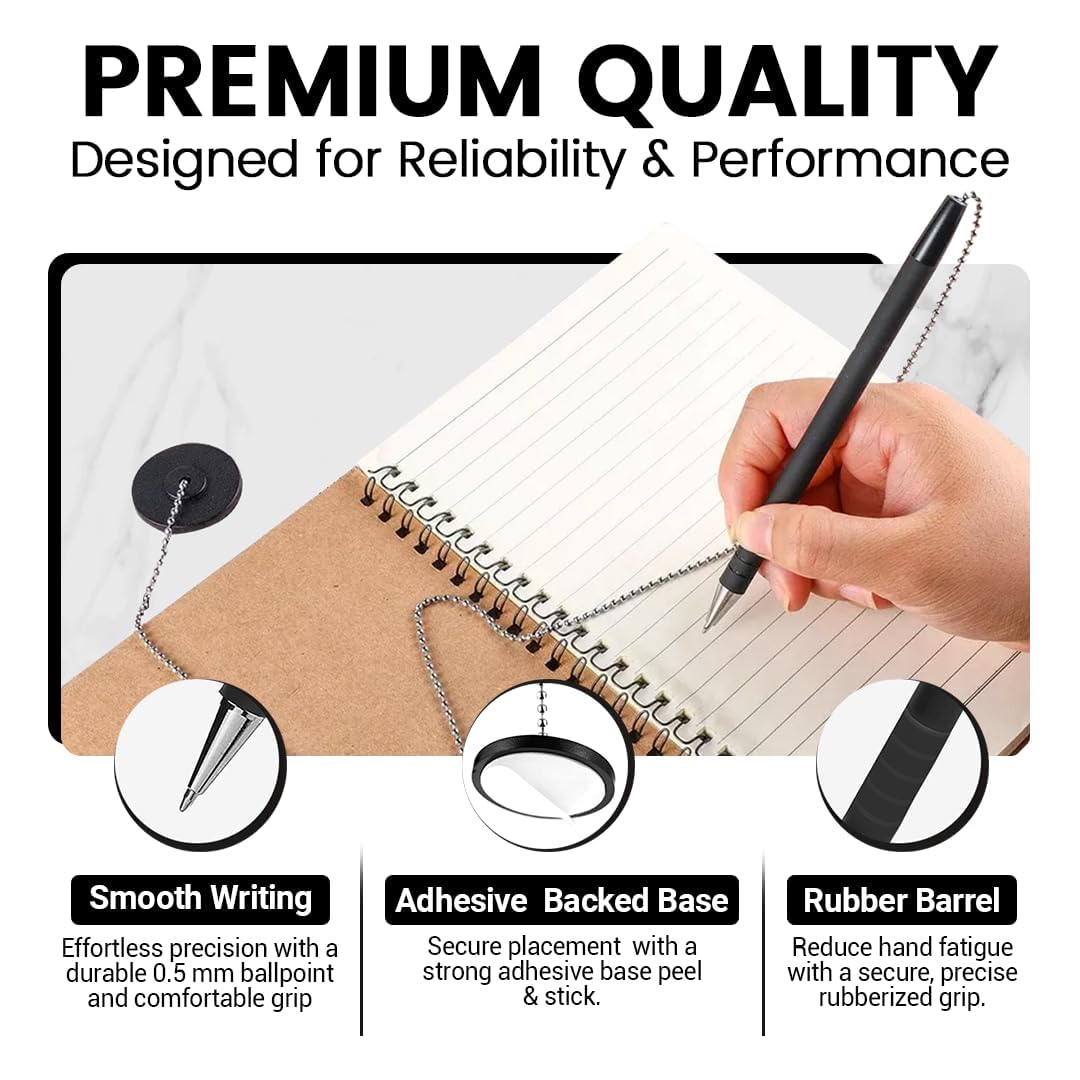 Pen with Chain Security Desk Pen on a Chain with Adhesive Base & 23" Chain Pen Holder Includes Refills for Office, Counter Pen, & Reception Use
