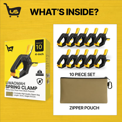 Spring Clamps [10 Pack] – 4-Inch Clamps Heavy Duty with 30lb Grip Strength & 2" Jaw Capacity | Rust-Free for Backdrop with Non-Slip Pads | Heavy Duty Clamps, Crafts, DIY & Tarps